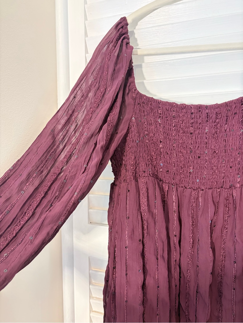 Perfect for Fall Altar'd State Plum Sequin Long Sleeve Smocked Maxi Dress